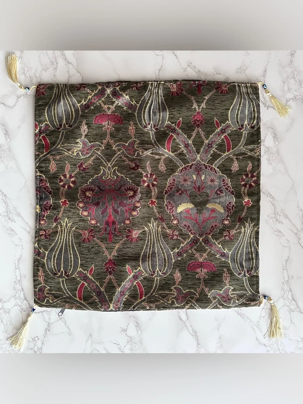 Turkish Throw Pillowcases · Ornate Damask Fabric in Olive/Berry w/ Evil Eyes